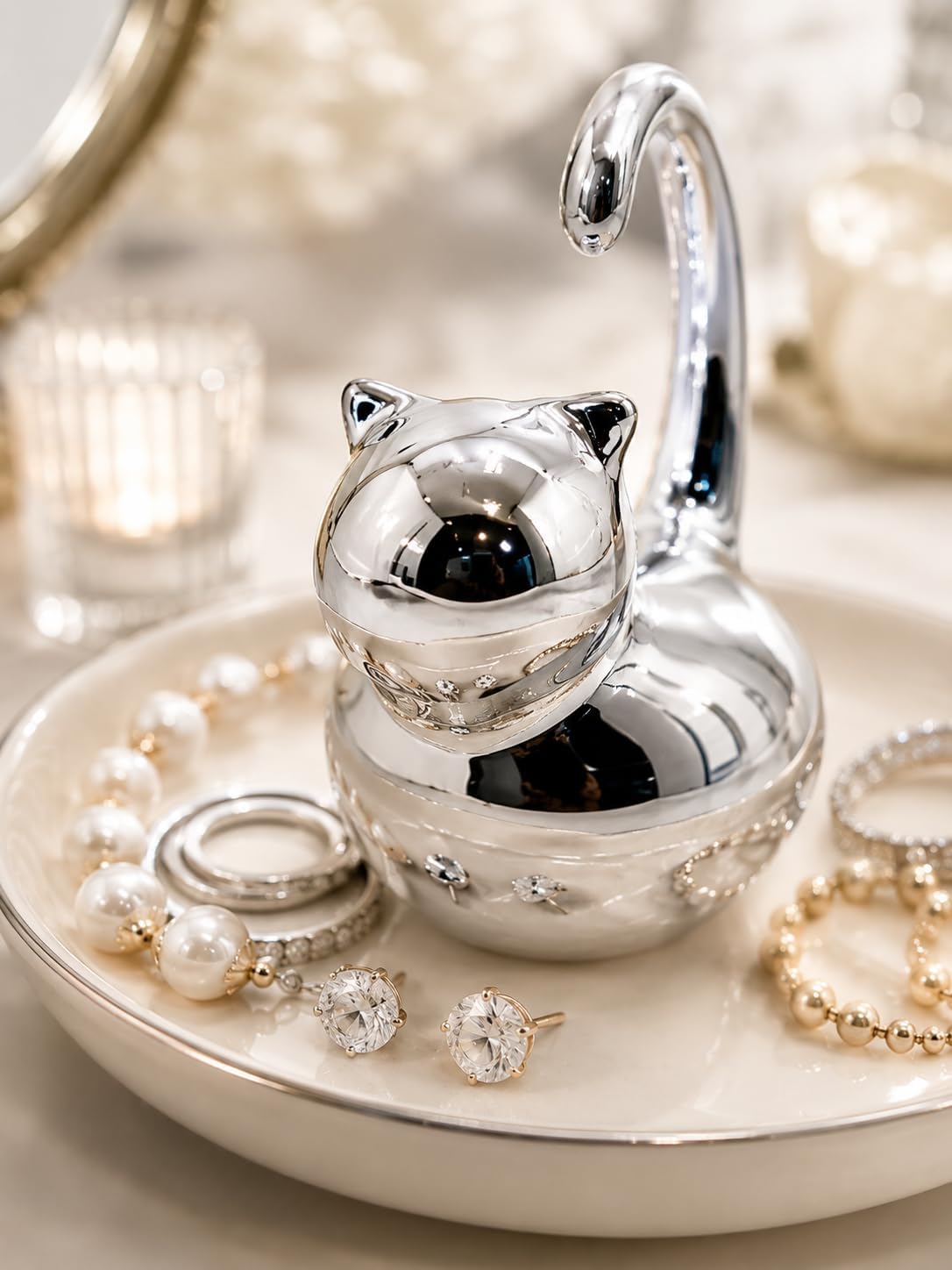Cat Ring Holder Jewelry Dish- & Silver Ceramic Trinket Tray / Fat Cat / White