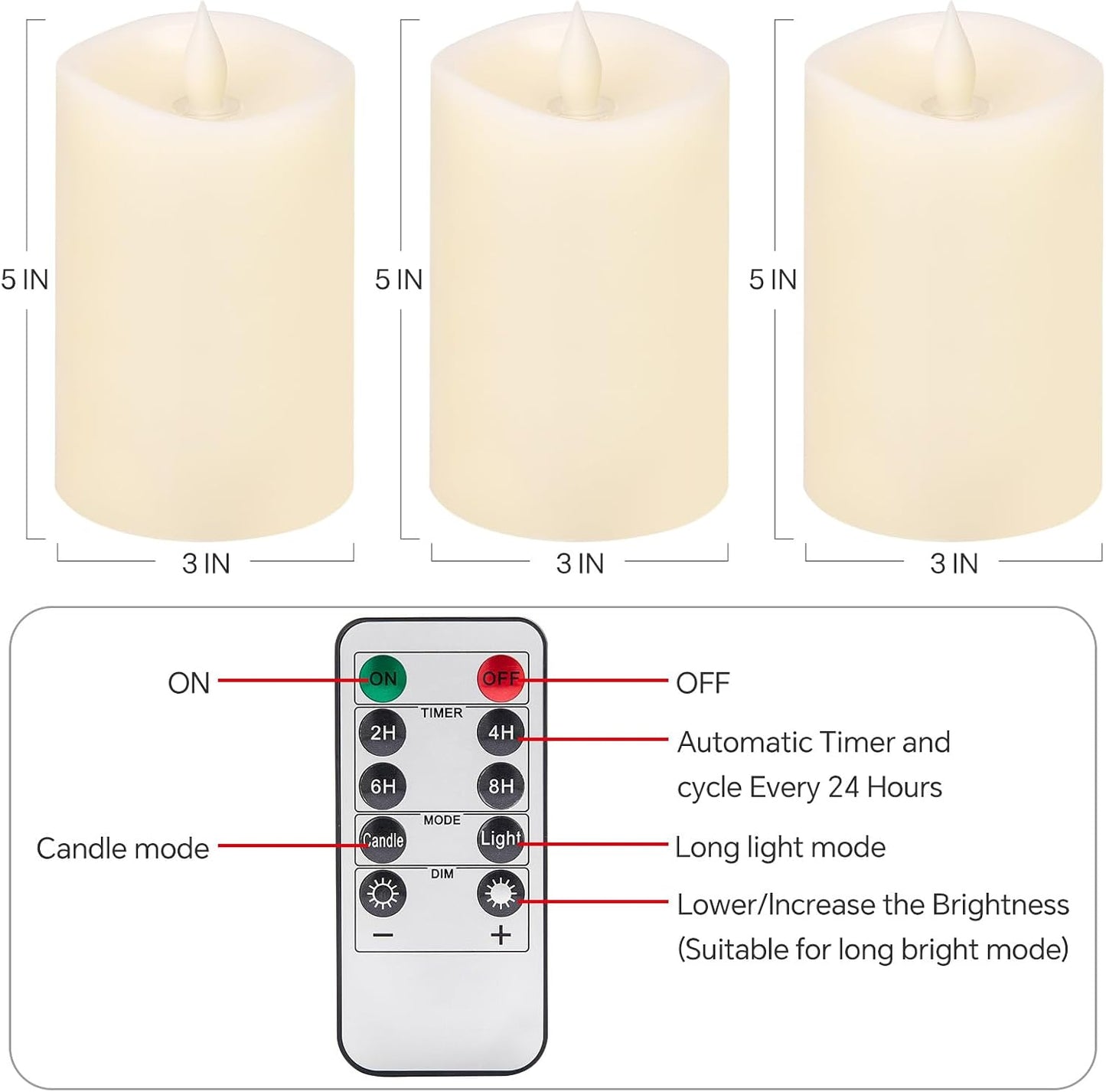3PCS, 3 x 5 inches Flameless Candle with Remote Control, 3D Flickering Wick, Real Wax, Battery Candles,with