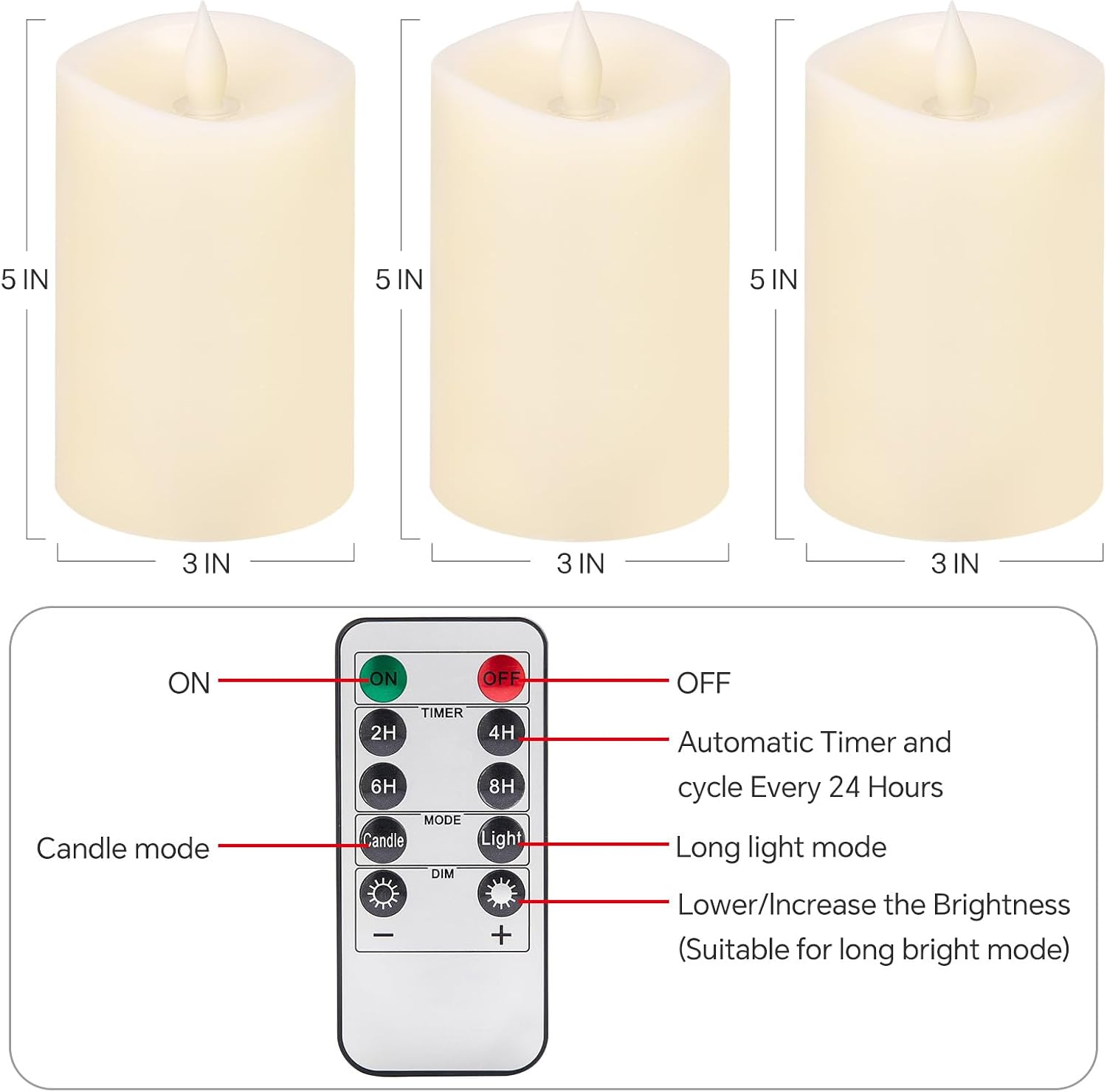 3PCS, 3 x 5 inches Flameless Candle with Remote Control, 3D Flickering Wick, Real Wax, Battery Candles,with