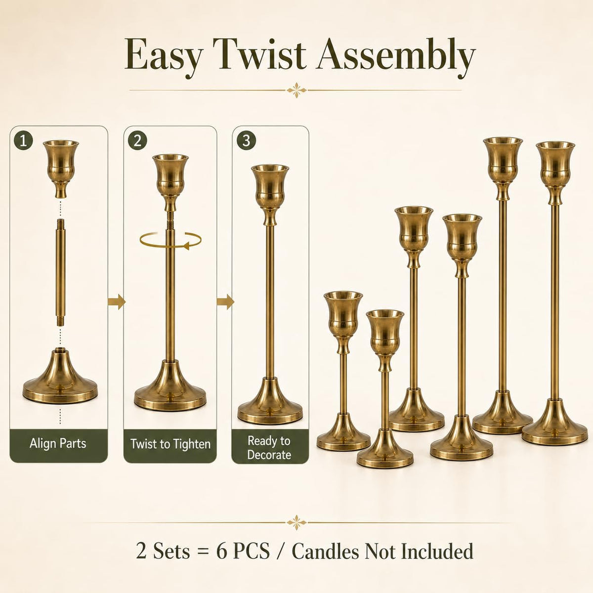Brass Taper Candle Holders 4 Sets(12 Pcs) - Tall Metal Candlestick Holders for Table Centerpiece, Formal Dinner