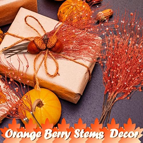 Giegxin 16 Pack 17 Inch Fall Berry Picks Glitter Orange Berry Stems