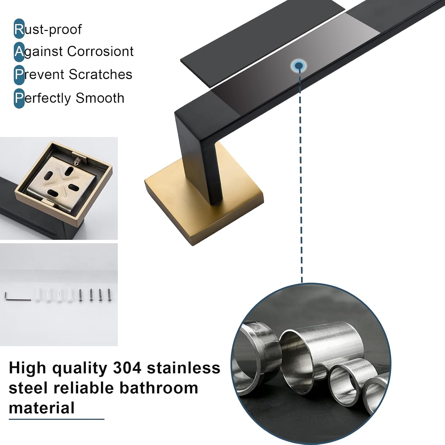 Bathroom Towel Bar Holder Sets Black and Gold 4-Piece Bathroom Hardware Set Stainless Steel Bath Accessories Kit. Wall