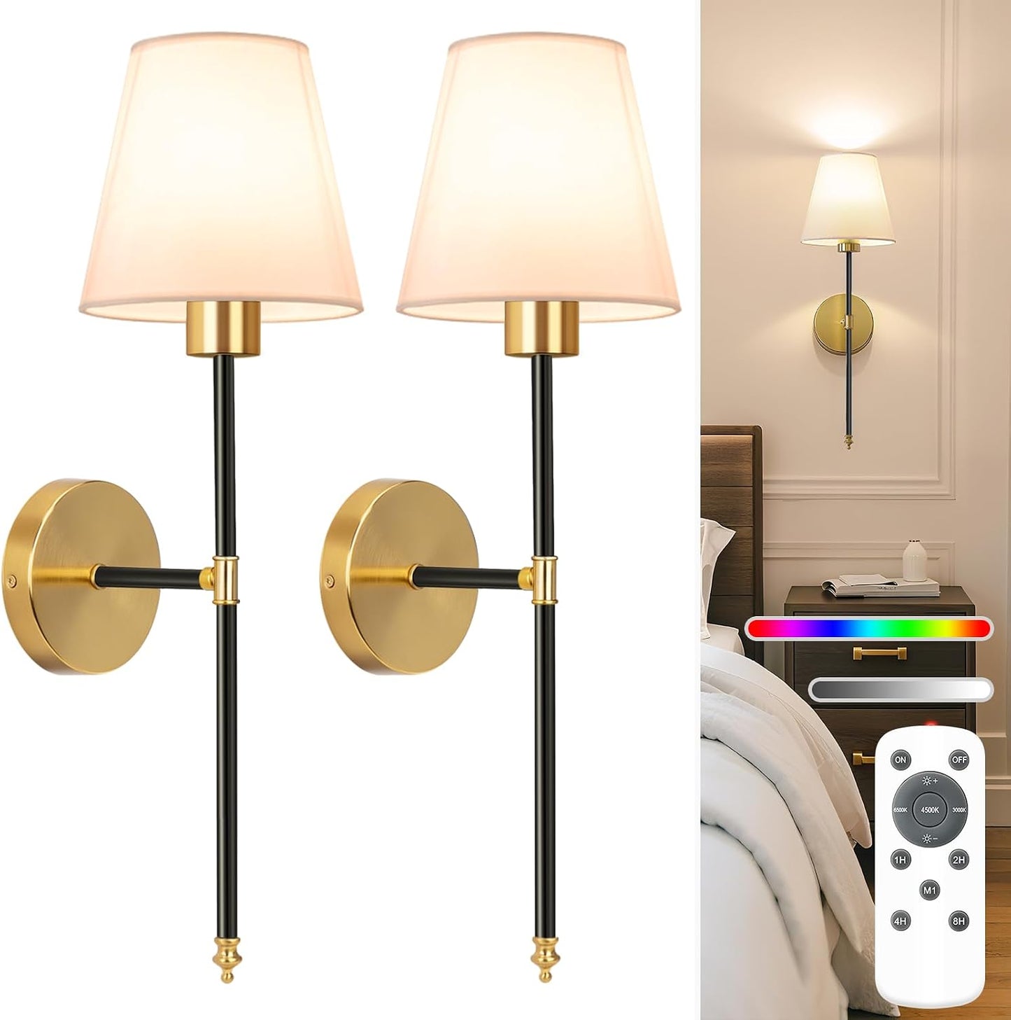 NIORSUN 19.9 inch Battery Operated Wall Sconce Set of 2,Black-Gold Rechargeable Wall Lights with 10400mAh Dimmable