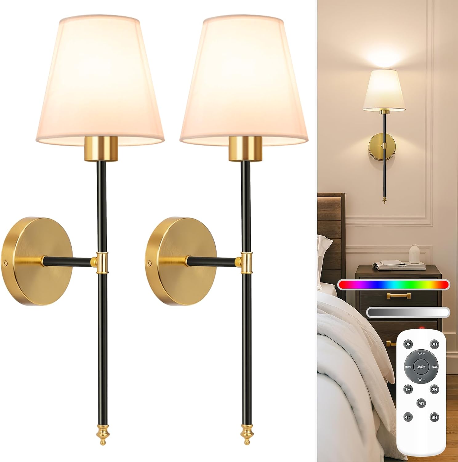 NIORSUN 19.9 inch Battery Operated Wall Sconce Set of 2,Black-Gold Rechargeable Wall Lights with 10400mAh Dimmable