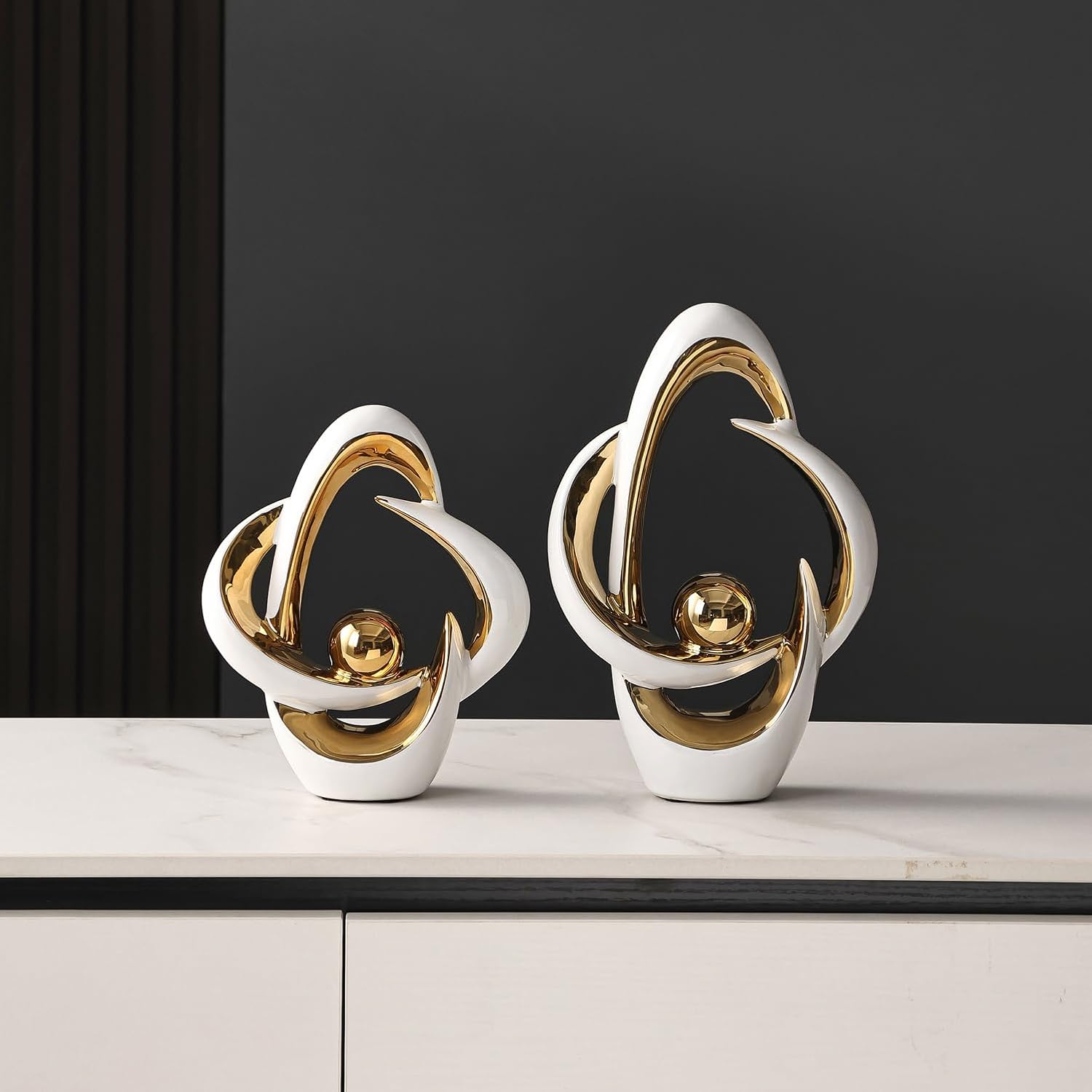 Ceramic Statues Home Decor Modern Aesthetic Abstract Art Decorative / White and Gold / Set of 2