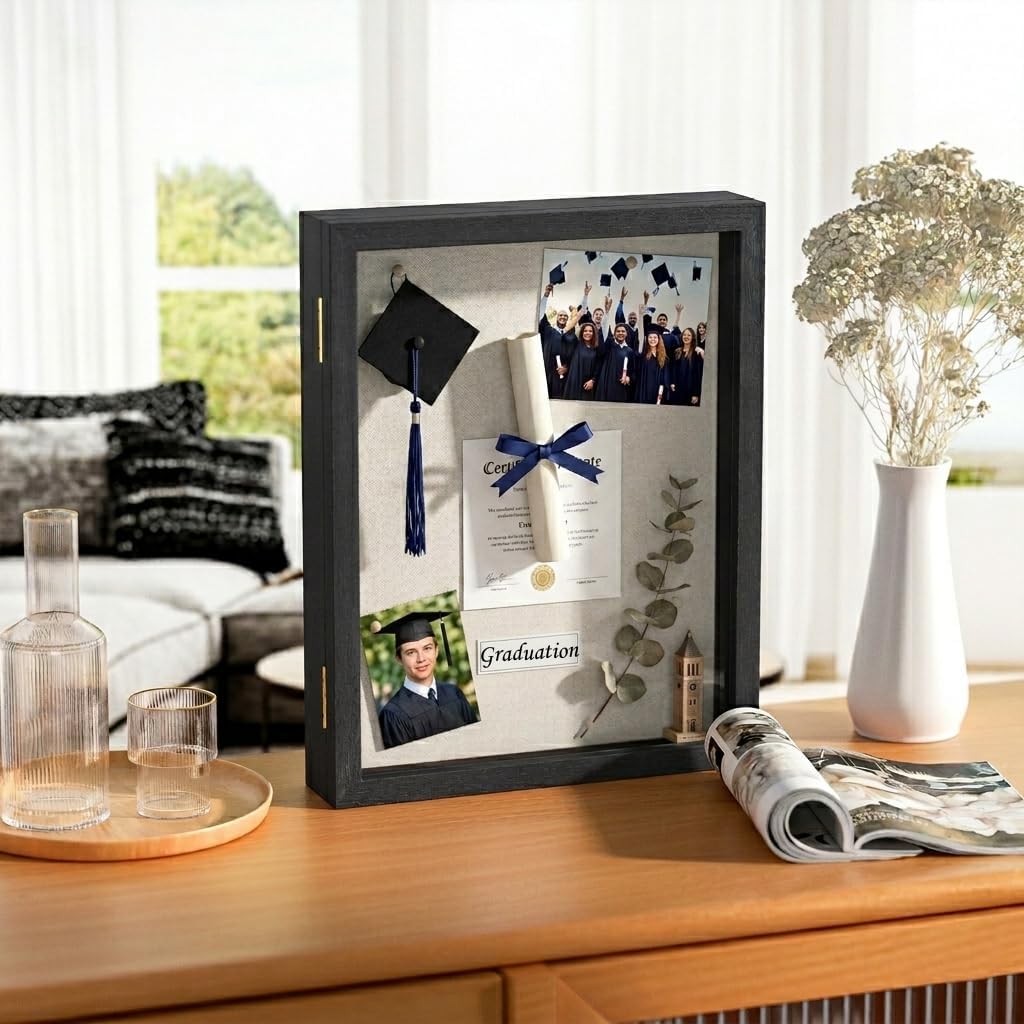 Love-KANKEI Deep Large Shadow Box 13x16.5,Solid Wood Frame,Memory Box,Black | Front-Opening Glass Magnetic Door,Linen