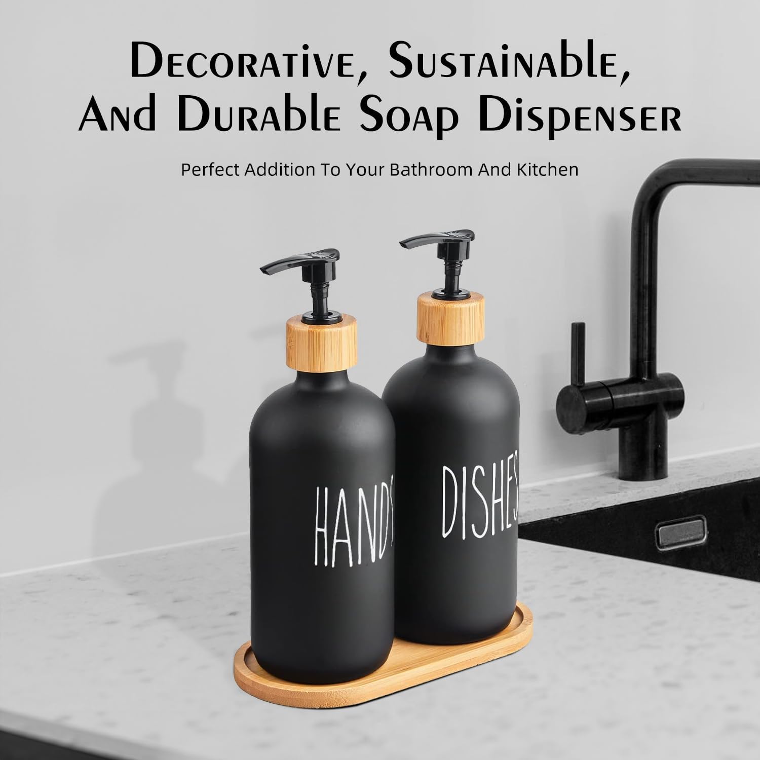 Arktek Glass Soap Dispenser Set with Tray, 2 Pack Hand and Dish Soap Dispenser Set for Bathroom and Kitchen Bottle