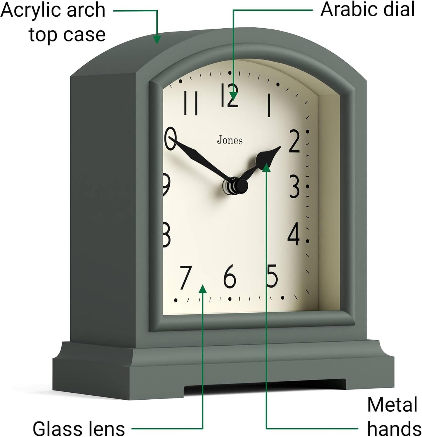 JONES CLOCKS® Tavern Mantel Clock | Modern Arch top Design | Asparagus Green | Contemporary Classic Style for Desk