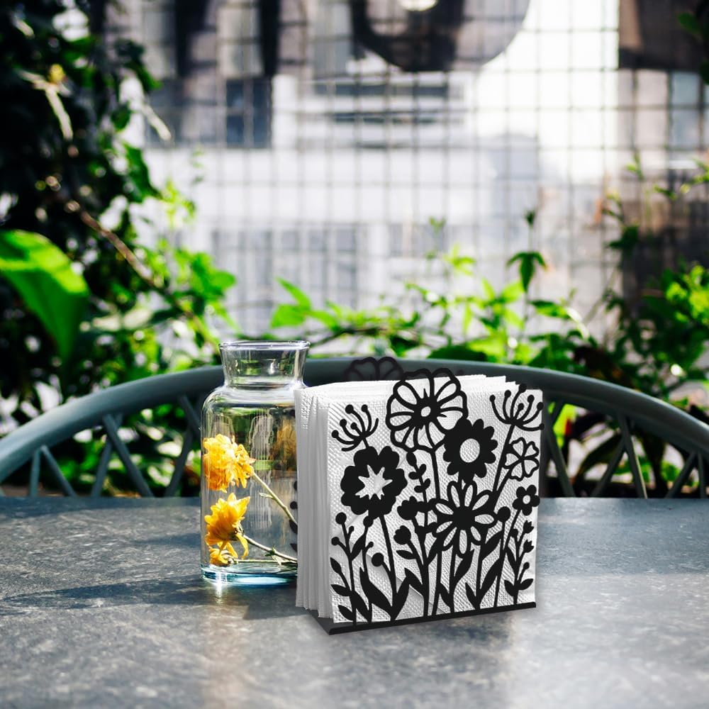 Decorative Metal Napkin Holder / Wildflowers / Black / 4.9 x 5.3 x 1.9