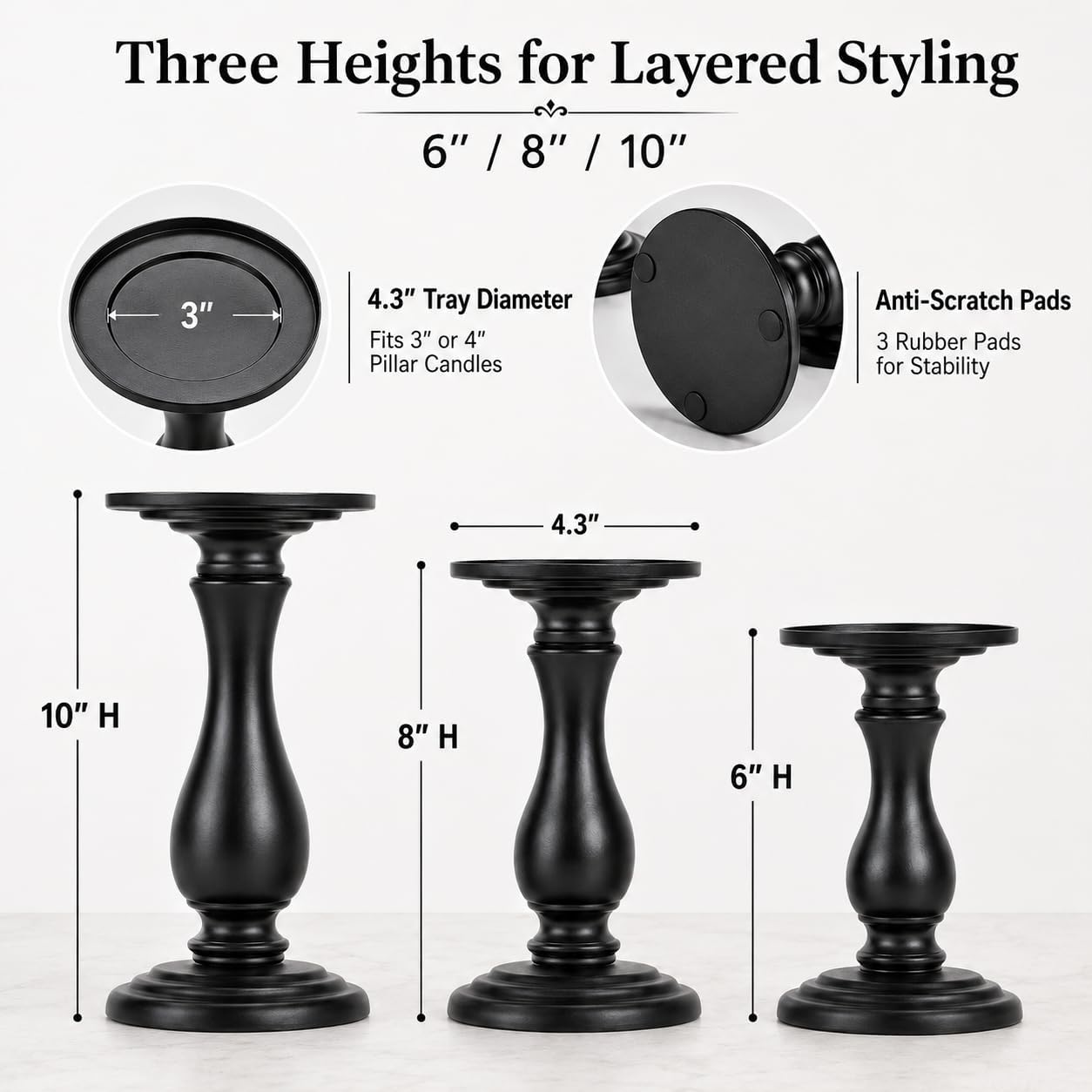 Matte Black Pillar Candle Holders Set of 3-10", 8", 6”H Candlestick Candle Holders Stand, Home Coffee Table Decor