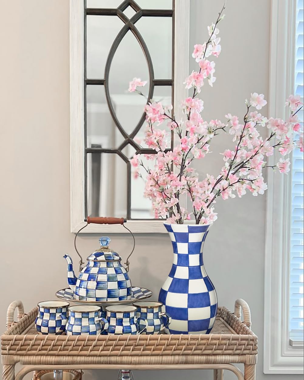 Tall Ceramic Vase in Wide Mouth Plain Pattern / # Plain Texture / Blue / 11 Inch