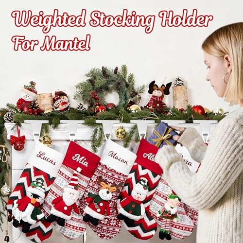HMASYO Christmas Stocking Holders for Mantle, Set of 6 White Heavy Duty Cast Iron Stocking Hangers Base, Low Profile Weighted Stocking Holder Hooks for Fireplace Tabletop Shelf Christmas Decorations
