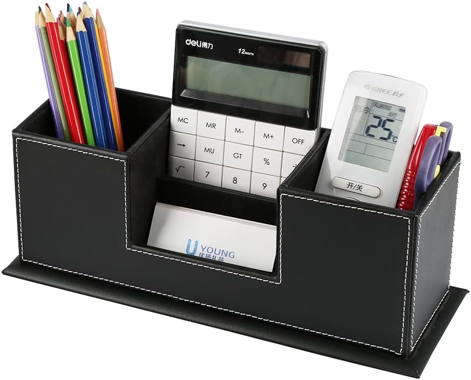 KINGFOM™ Double Holder Leather Multi-Function Desk Stationery Organizer Pen Pencil Holder Black