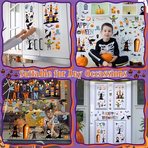 116PCS Halloween Window Clings, 9 Sheets Halloween Decorations, Cute Witch Tree Zombie Ghost Patterns PVC Window Stickers for Treat or Trick Party Favors Decal Supplies Decor Accessories