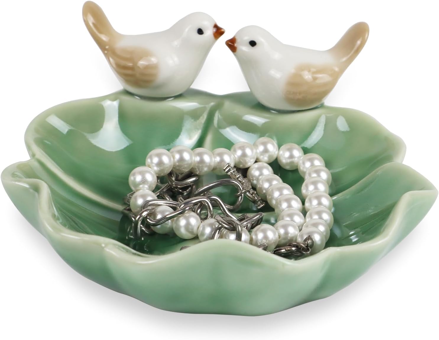 Ceramic Jewelry Tray Trinket Dish Decorative Bird & Lotus Leaf Ring Holder Dish Aesthetic / Green