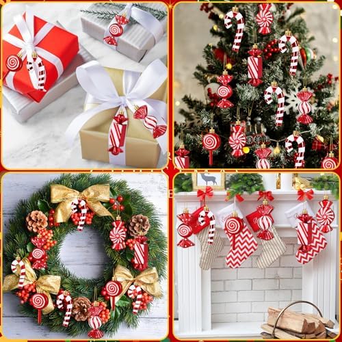 JULMELON 24Pcs Christmas Candy Cane Ornaments, Red White Glitter Hanging
