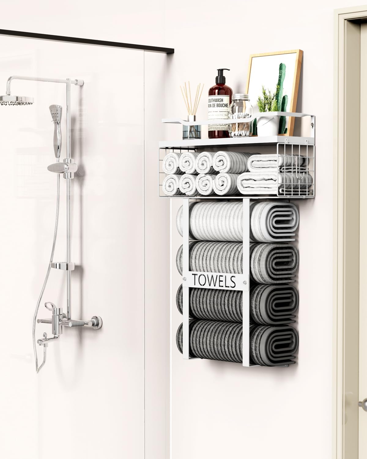 Towel Racks for Bathroom Wall Mounted - Bath Wall Towel Holder Set Above Toilet Storage, Rolled Towel Shelf Organizer