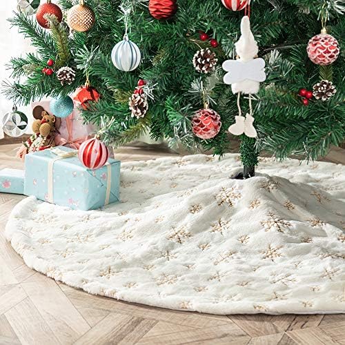 Christmas Tree Skirt 58 inches White Faux Fur Gold Snowflake Sequin Embroidered Luxury Tree Skirt Xmas Decoration