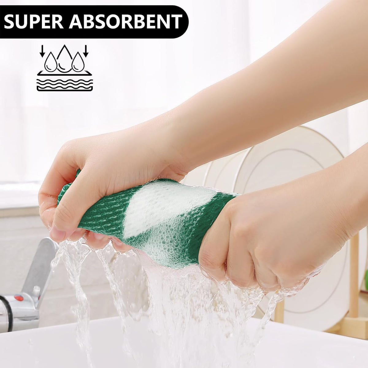 Homaxy Kitchen Towels and Dishcloths Set, Set of 12, White & Dark Green | Bulk Cotton Waffle Weave Check Plaid Kitchen