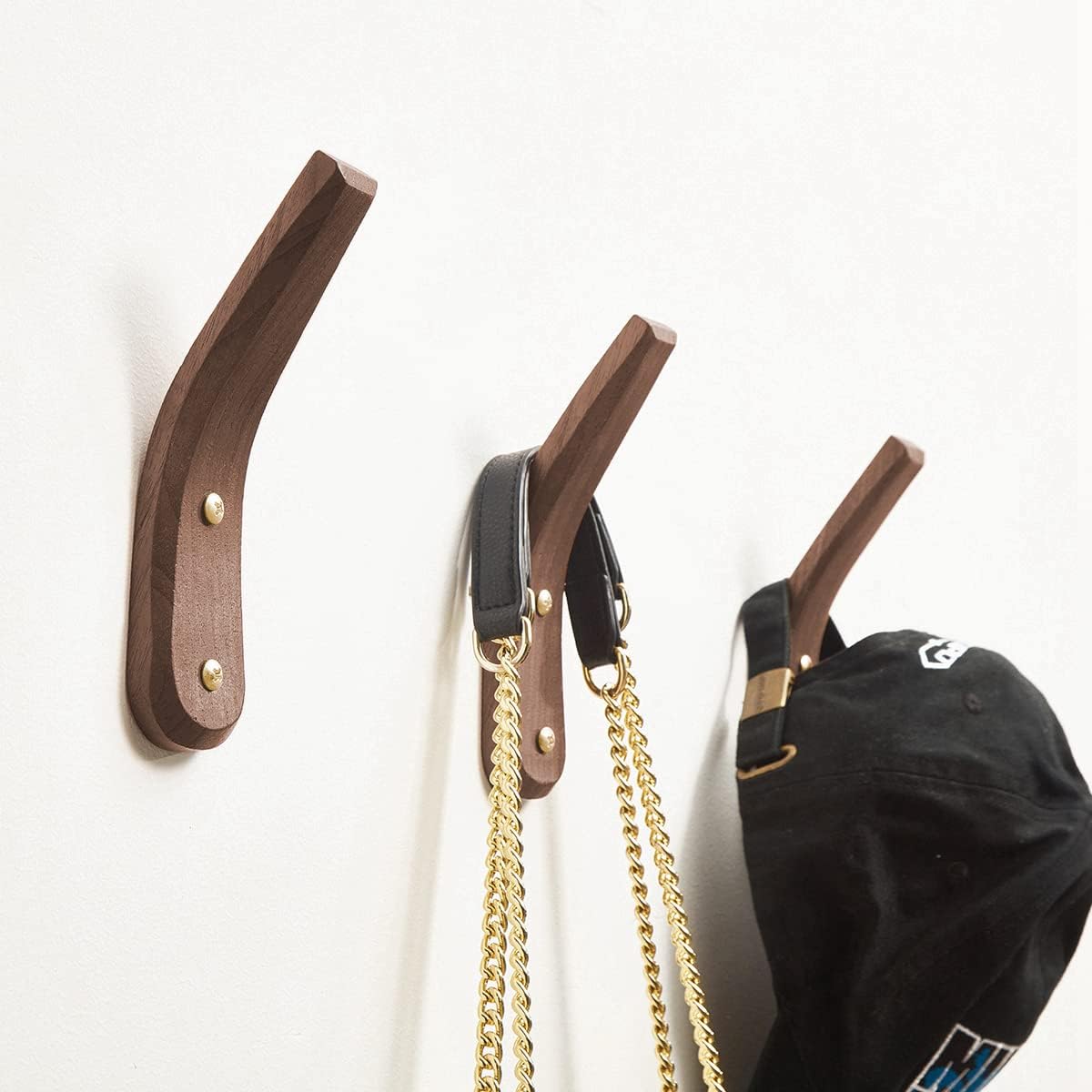 Wood Hooks Wall Mounted Minimalist Natural Real Walnut (4 Pack) | Easy Install, Hanging Towel Hat Coat Bag Cap Clothes