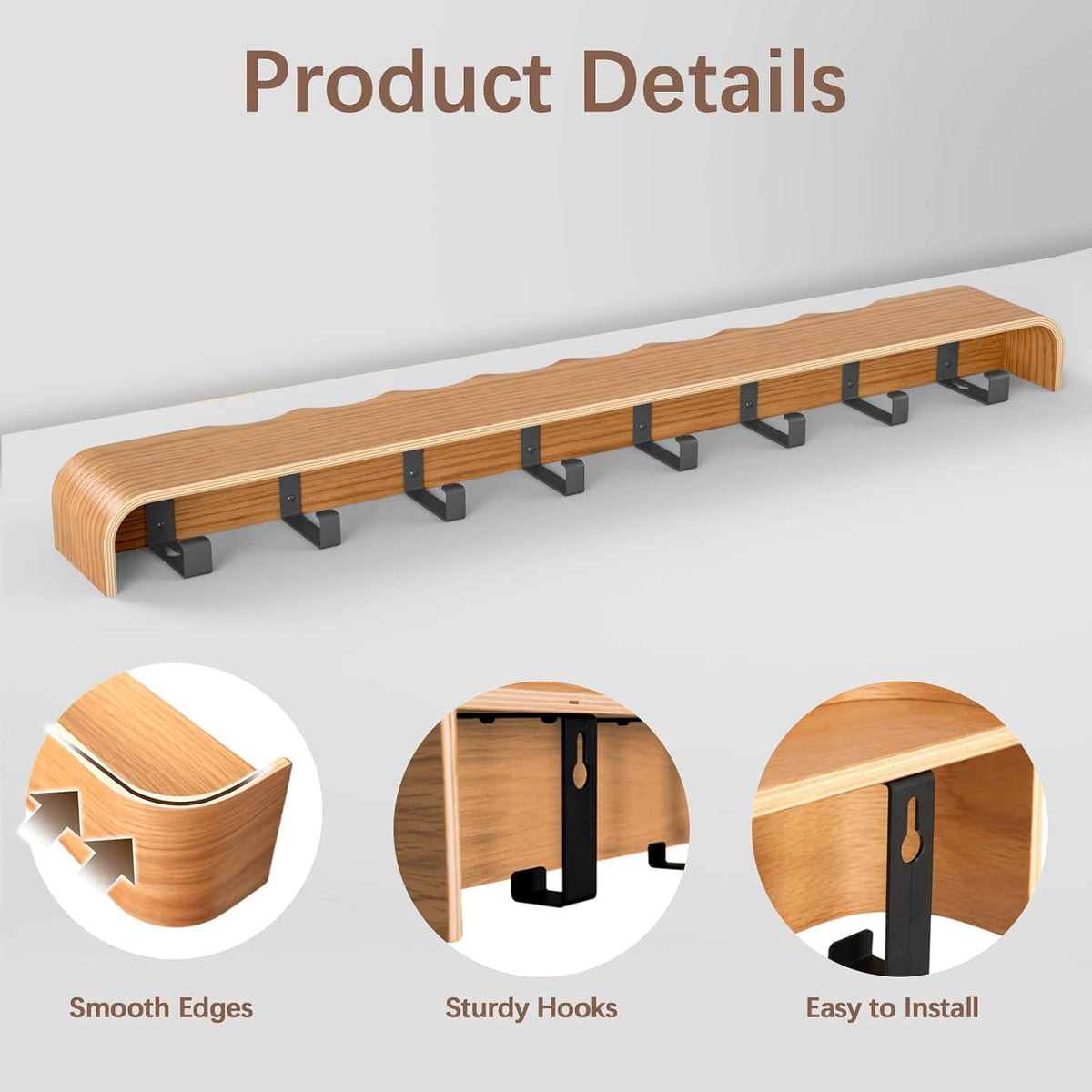 Coat Rack Wall Mount with Hidden Hooks, Wall Hooks with Shelf, Wall Key Holder Mount Wooden Shelf Entryway Hooks for