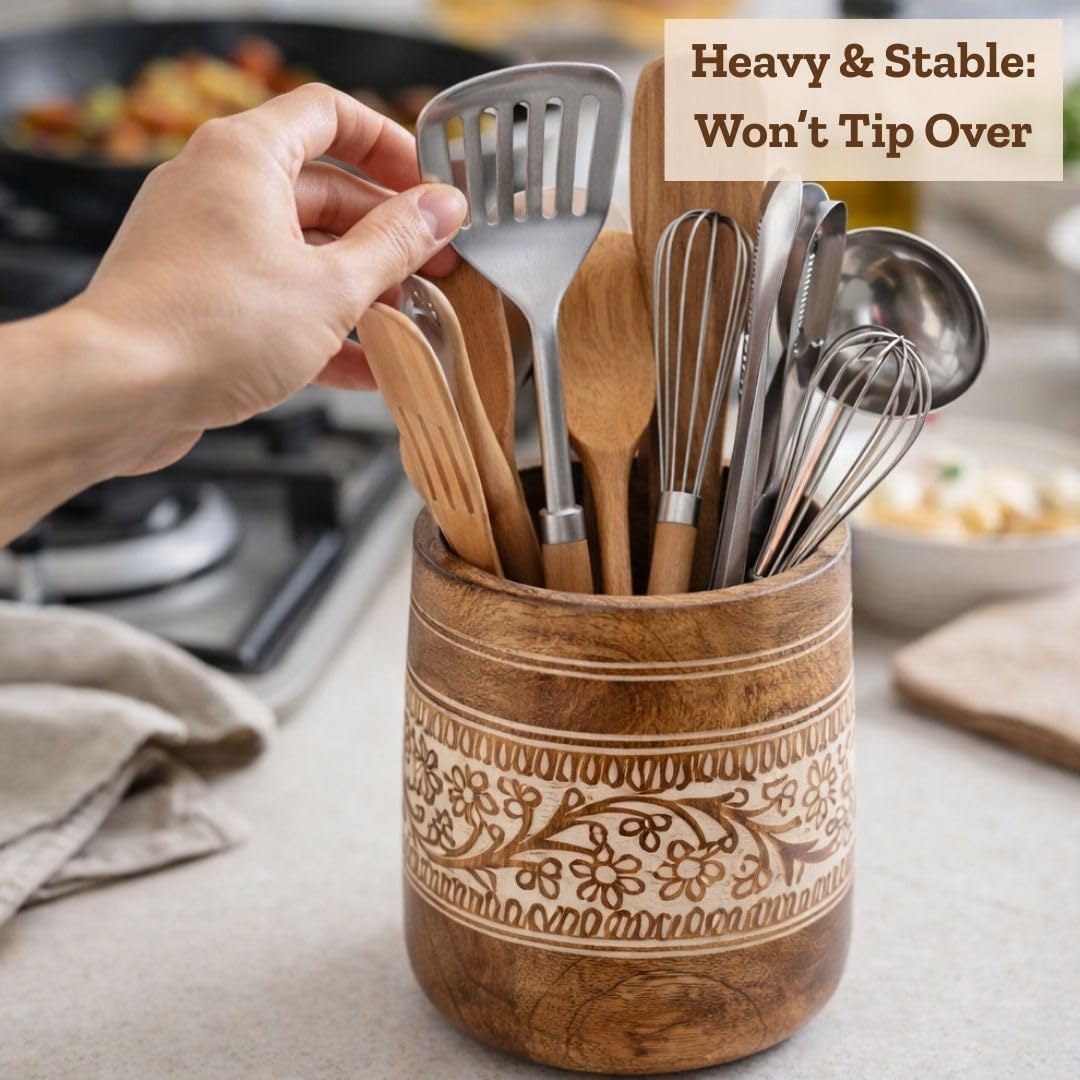 Mie Creations Farmhouse 7'' Large Wooden Utensil Holder, White Floral | Natural Mango Wood, Handcrafted Design, Cooking