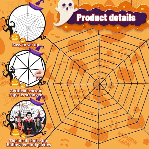 12 FT 9-Ring Spider Web Halloween Decorations, Giant Rope Fake Spider Web for Scary Haunted House, Outdoor Yard, Porch, Wall, and Spooky Trick-or-Treat Hanging Party Decor (Black)