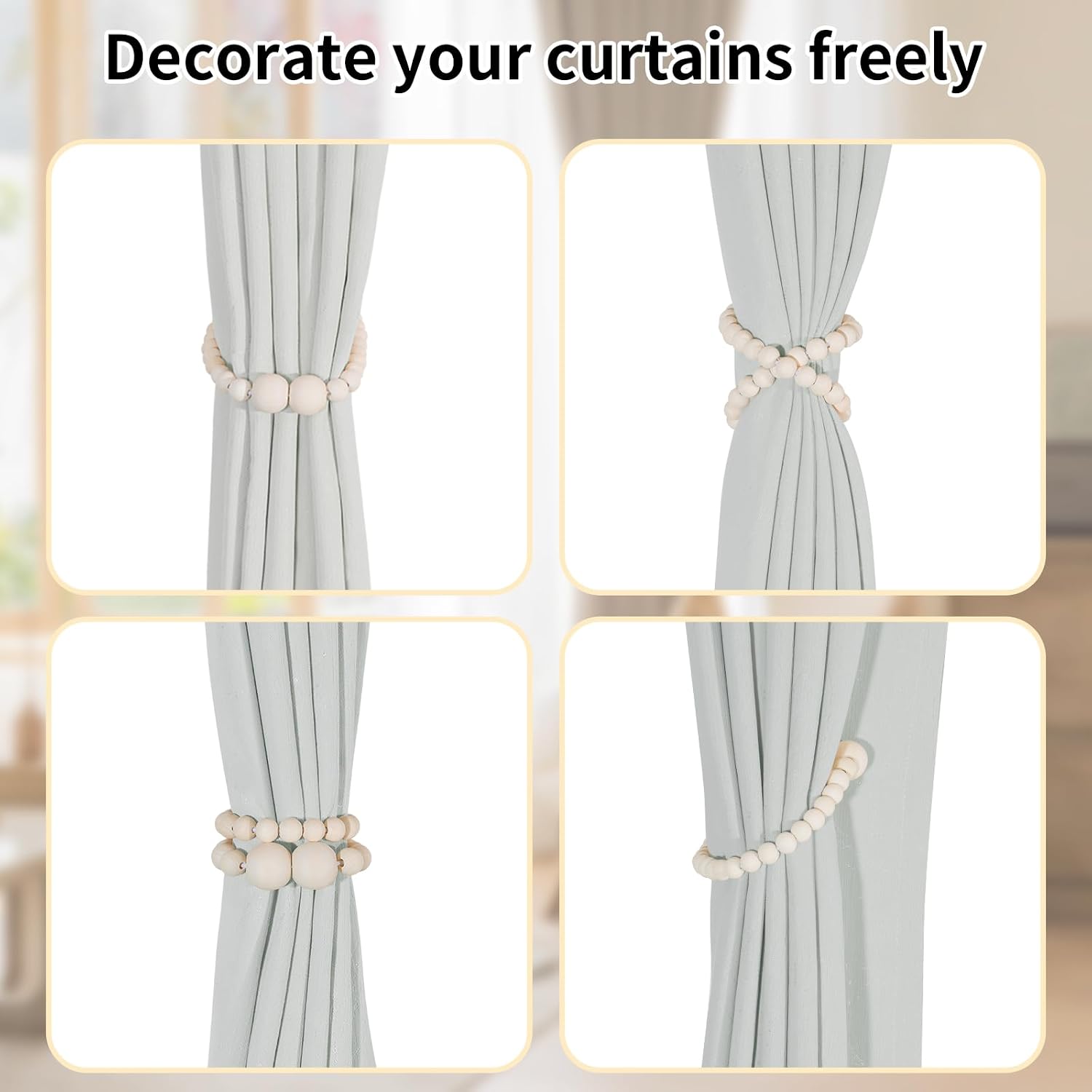 KLOGTSIND Magnetic Curtain Tiebacks, 6 Pack Wood Bead Curtain Holdbacks | Curtain Holders for Bedroom Decor, Boho Room