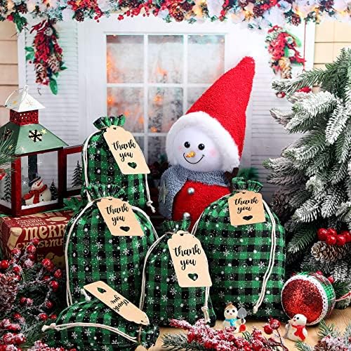 Shappy 24 Pcs Christmas Drawstring Gift Bags Xmas Buffalo Plaid Burlap Advent Bags 7 x 5 Inches Linen Treat Candy Bag with 32.8 ft Rope 24 Card(Black Green Snowflake)