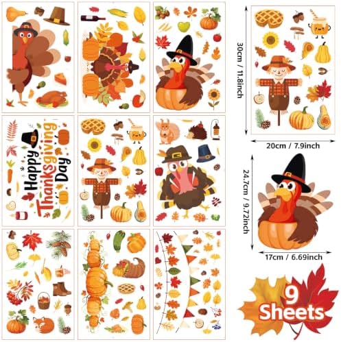 Thanksgiving Window Clings Fall Turkey Decorations for Glass 9 Sheet