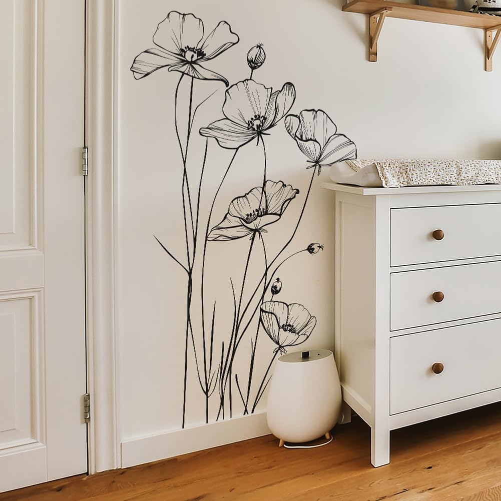 White Poppy Flower Wall Decal Minimalist Sketch Botanical Wall Art PVC Peel Stick Wall / B / Black