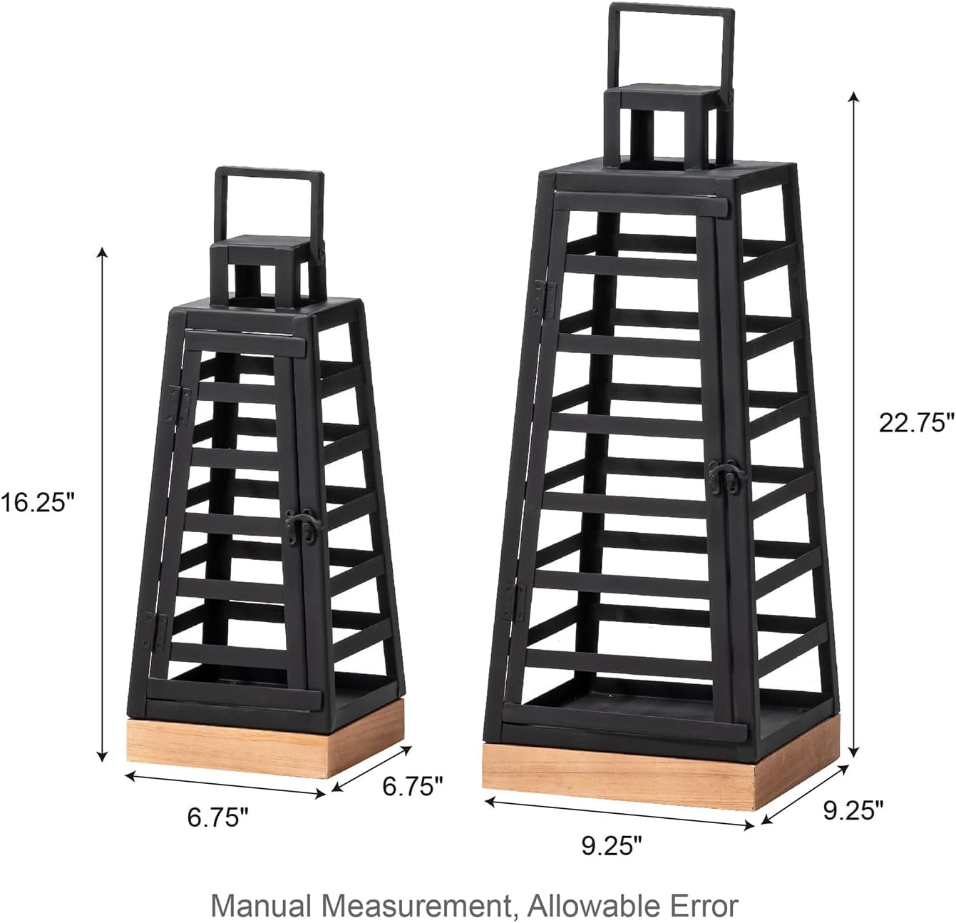 Glitzhome Set of 2 Modern Trapezoid Metal/Wood Hanging Lanterns, Decorative Candle Holder Lanterns for Outdoor & Indoor