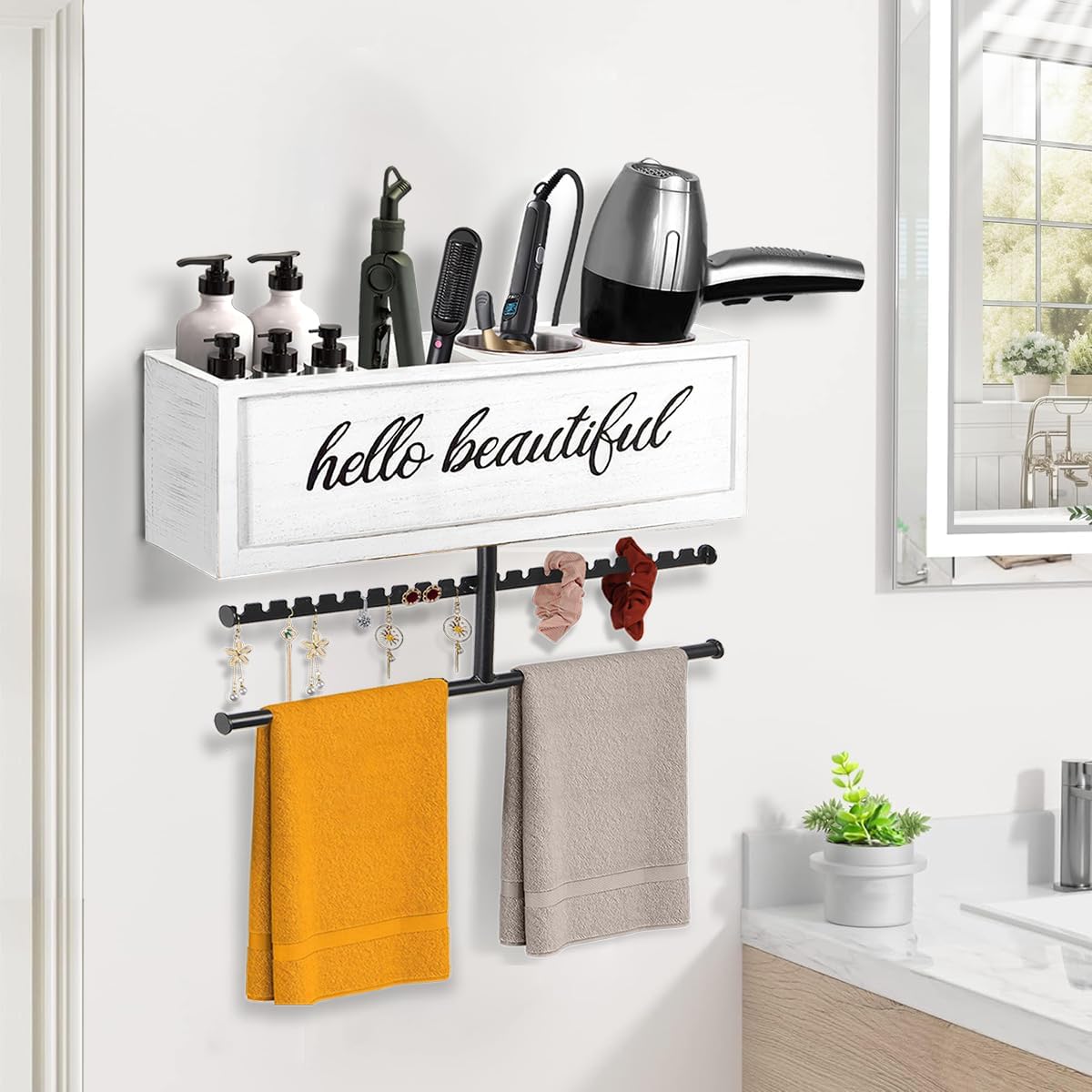 Rustic Hair Dryer Holder Wall Mounted,Hair Styling Tools & Accessories Organizer,Bathroom Supplies & hot Tools vanities