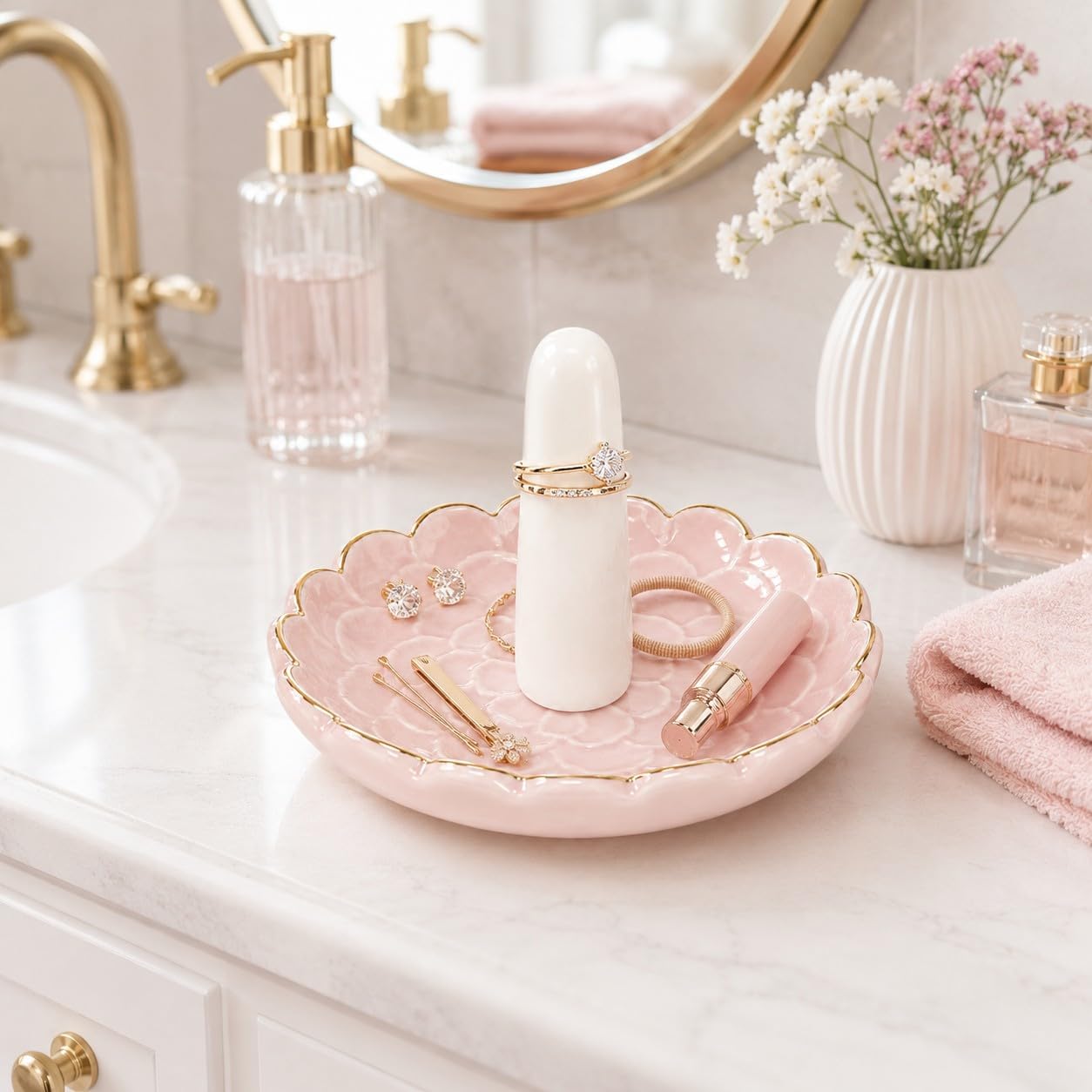 Ceramic Ring Dish Jewelry Tray / Flowers / Pink