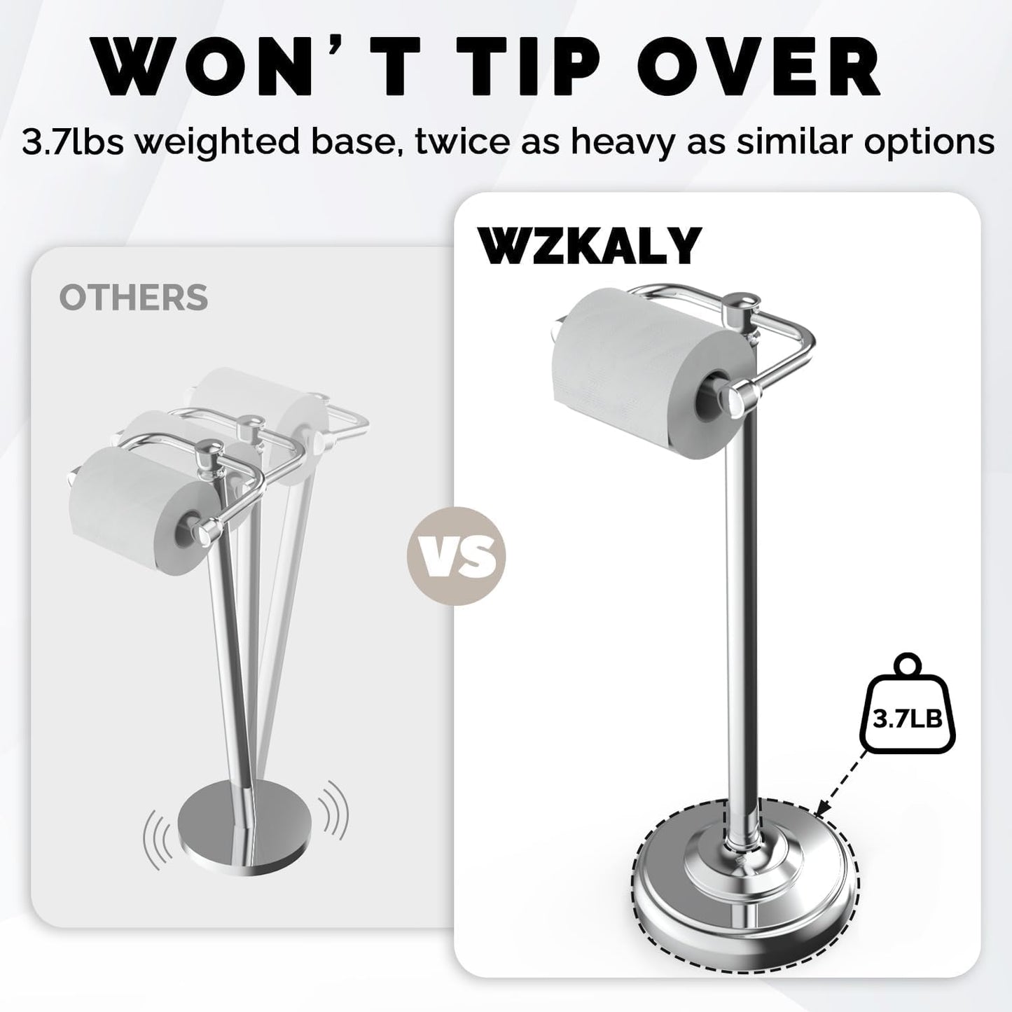 Toilet Paper Holder Stand Stainless Steel & Weighted Base Chrome | Polish Finish Post Pivoting Design Easy to Change