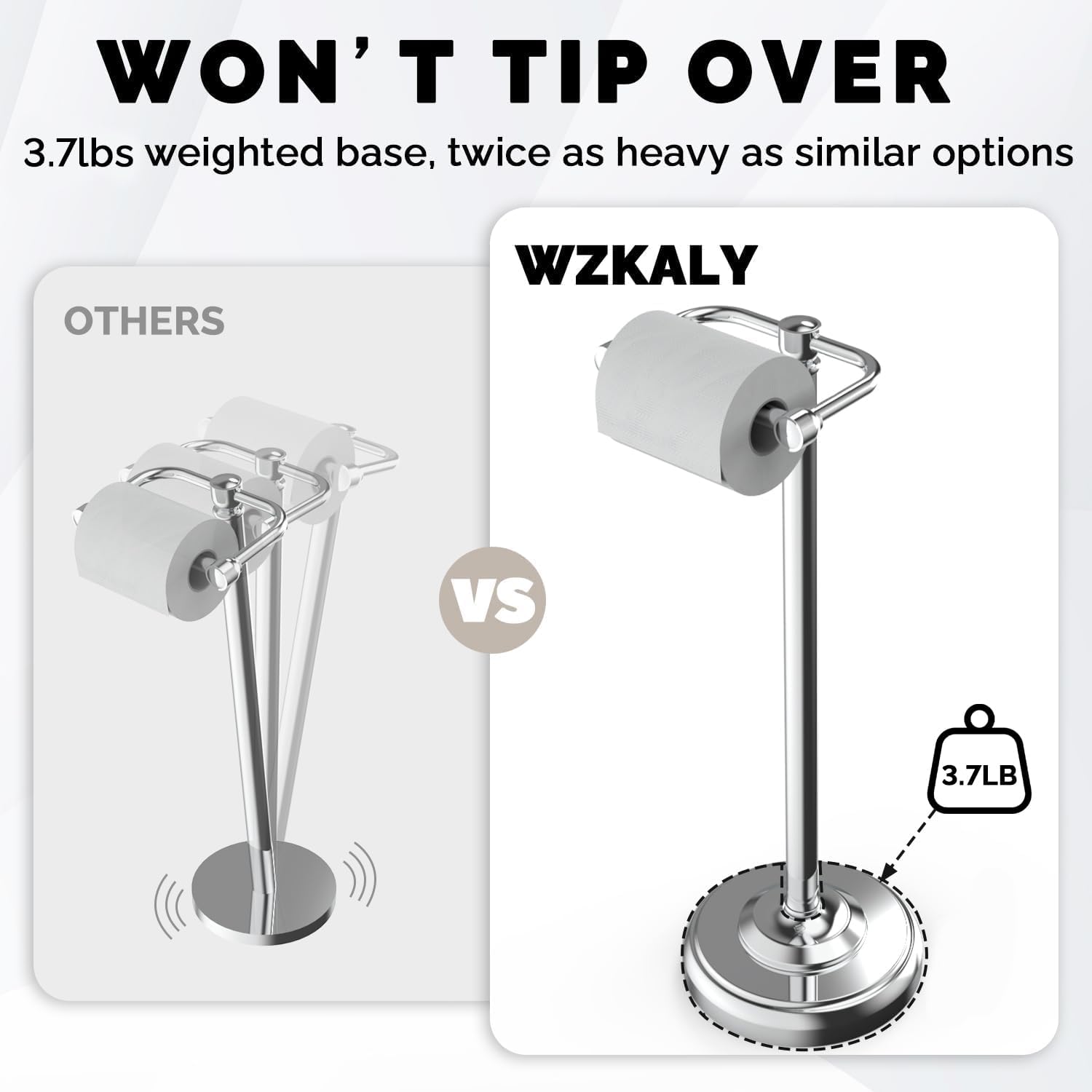 Toilet Paper Holder Stand Stainless Steel & Weighted Base Chrome | Polish Finish Post Pivoting Design Easy to Change