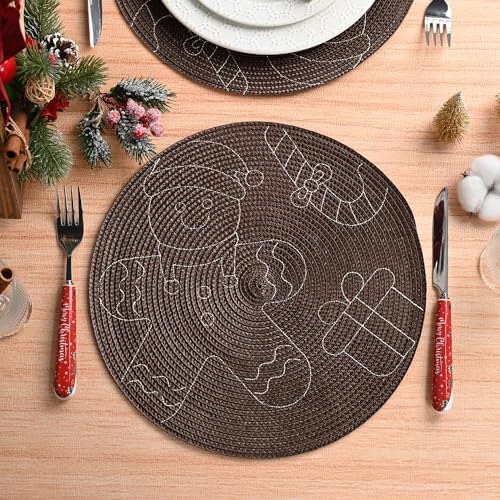 Feuille Round Christmas Placemats Set of 4,13.5 Inch Brown Gingerbread Man Placemats for Round Tables Winter Placemats Perfect for Indoor Christmas Decorations