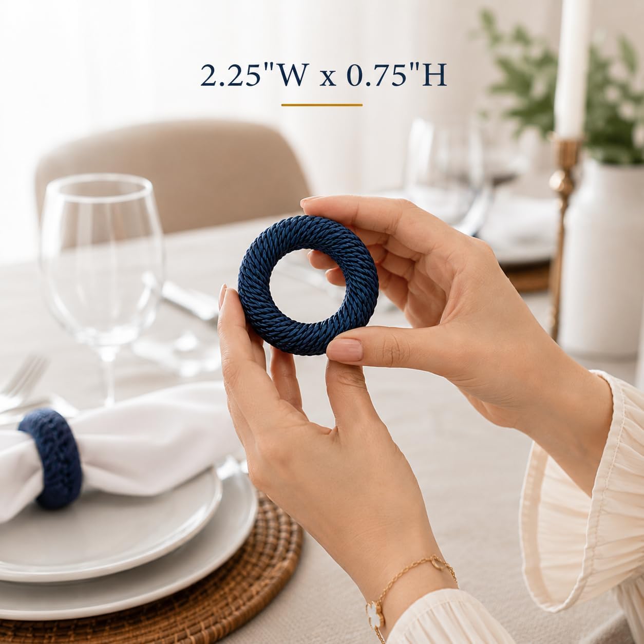 Alpha Living Home Woven Napkin Rings, Dark Blue, Set of 12 | Yarn-wrapped woven design, sturdy inner structure, fits