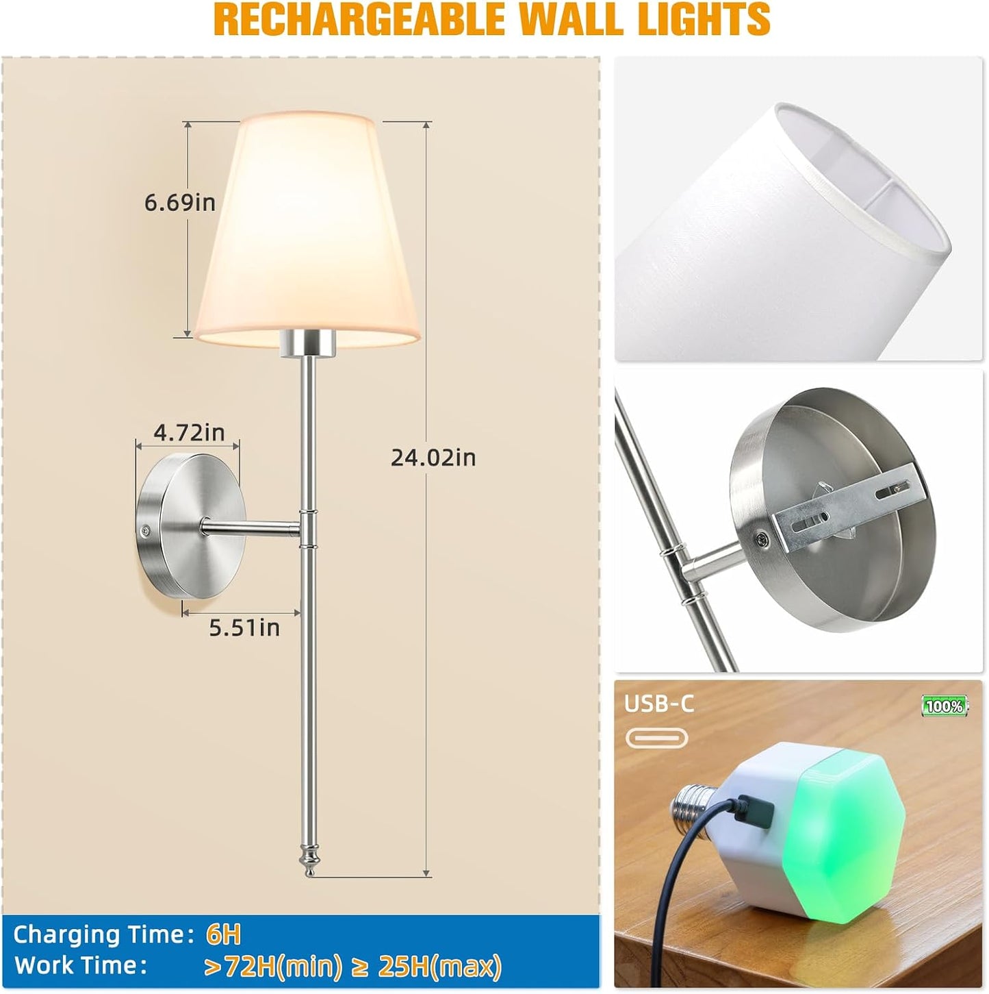 Battery Operated Wall Sconce Set of 2,Brushed Nickel Rechargeable Wall Lights with 10400mAh Dimmable Detachable Bulbs
