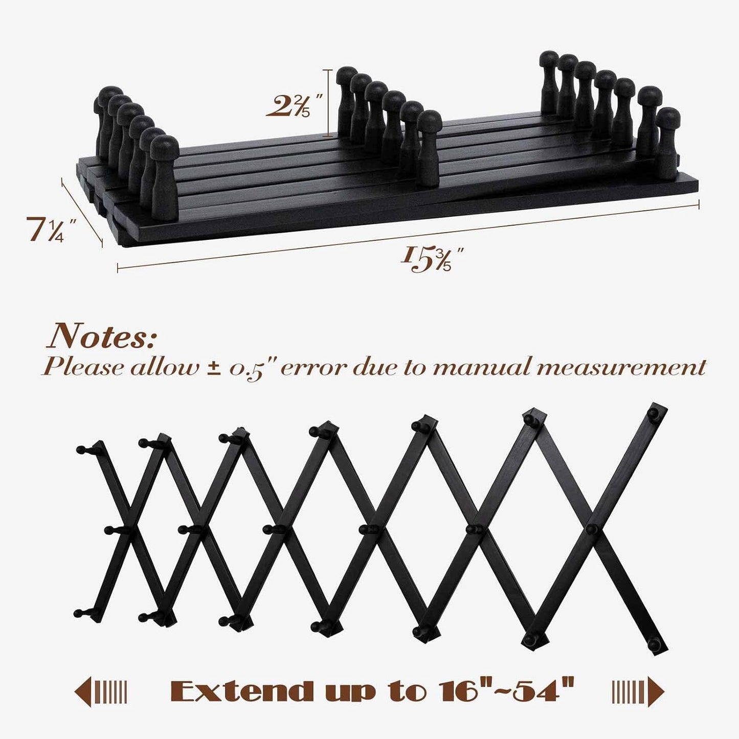 SCUNDA Wall Rack with 20 Hooks, Wooden Wall Expandable Coat Rack for Coat, Hats, Baseball Caps, Coffee Mug