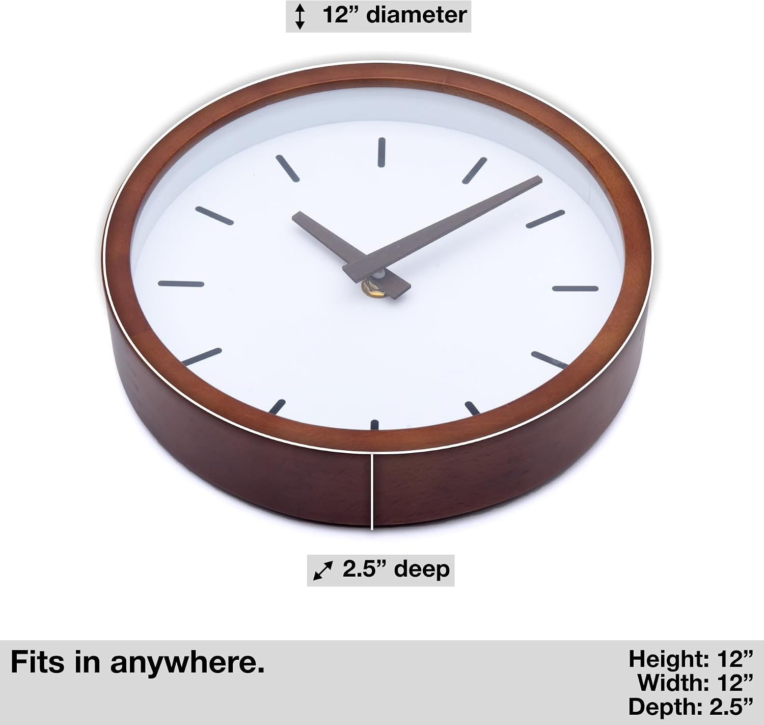 Driini Modern Mid Century Wood Analog Wall Clock (12") - Battery Operated with Silent Sweep Movement - Small Decorative