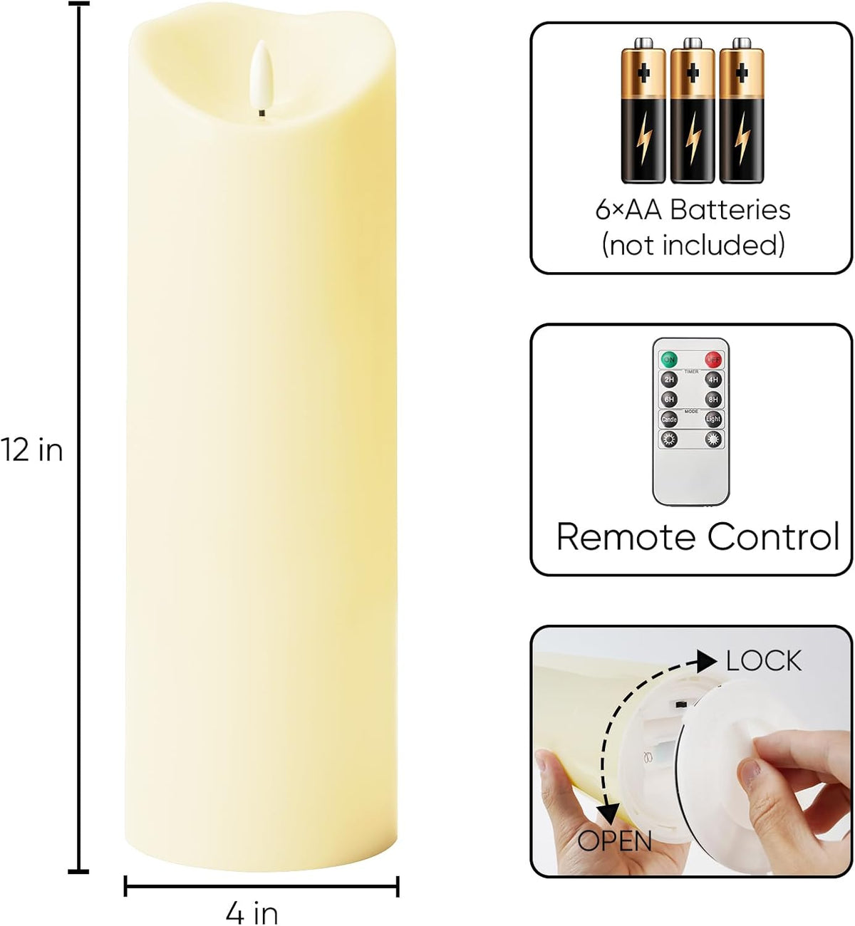 Homemory 4"x12" Outdoor Waterproof Flameless Candles with Timers and Remote Control, Battery Operated Candles, LED