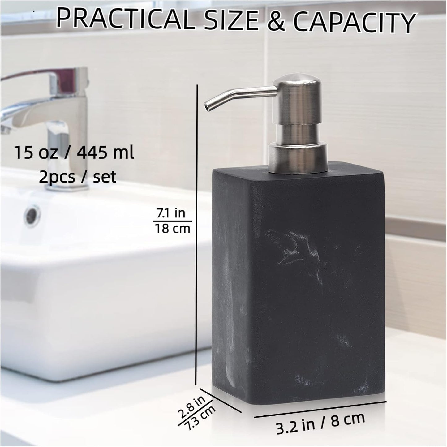 2pcs Hand Soap and Lotion Dispenser Sets for Bathroom Countertop,Black Marble Texture Resin Stone Liqiud Dish Soap