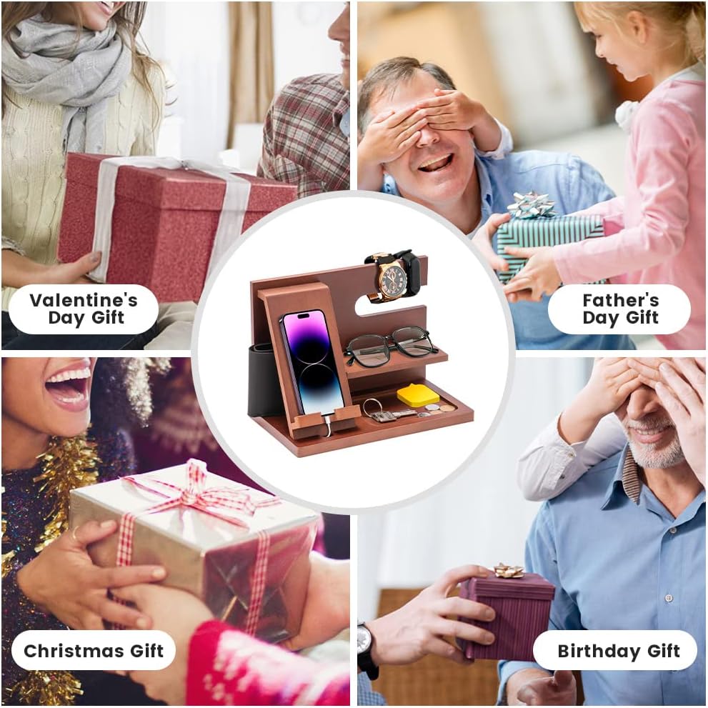 Wood Phone Docking Station - Gifts for Men Desk or Nightstand Organizer - Birthday Gifts for Husband, Fathers Day for