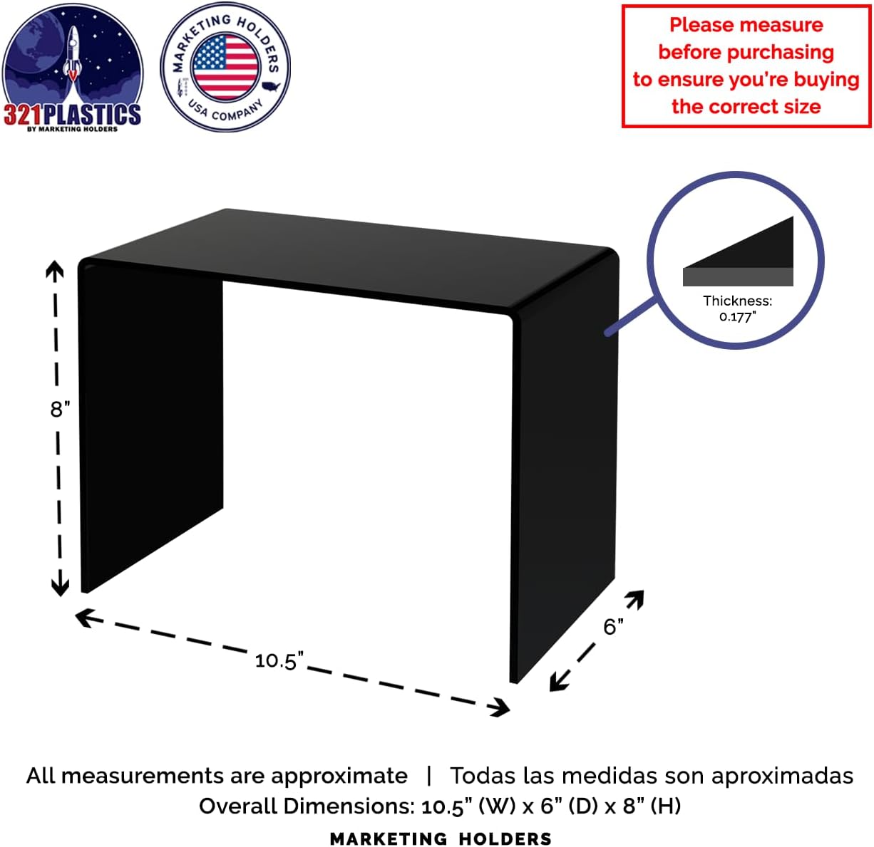 Marketing Holders 2 Pack Acrylic Riser Display Stand Glossy Black Plexiglass 10.5 Inch Wide x 6 Inch Deep x 8 Inch High