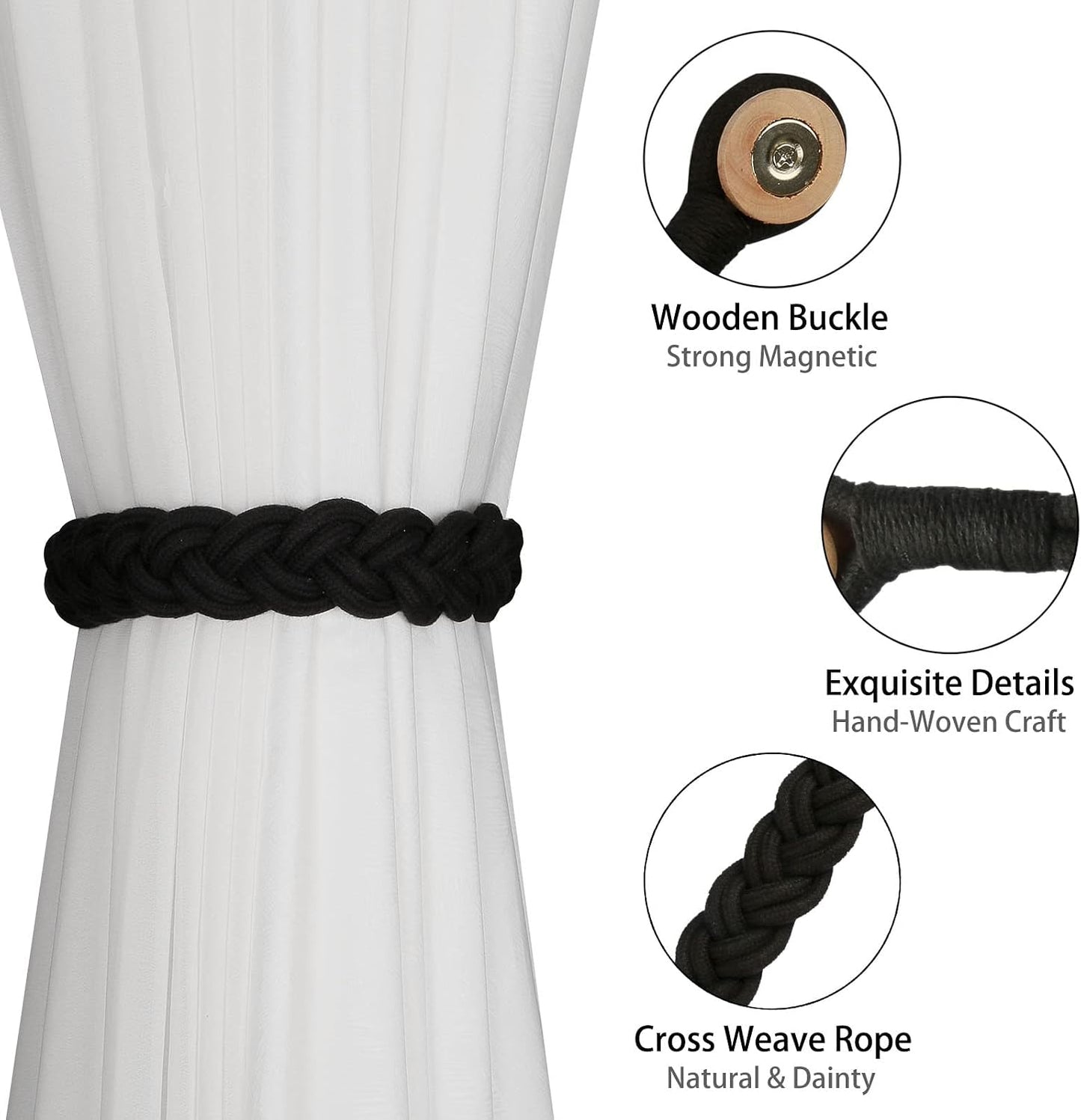 BEL AVENIR Curtain Tiebacks Magnetic 4 Pack Woven Drapery Holdback | Handmade Curtain Ties, No Drill, for Outdoor