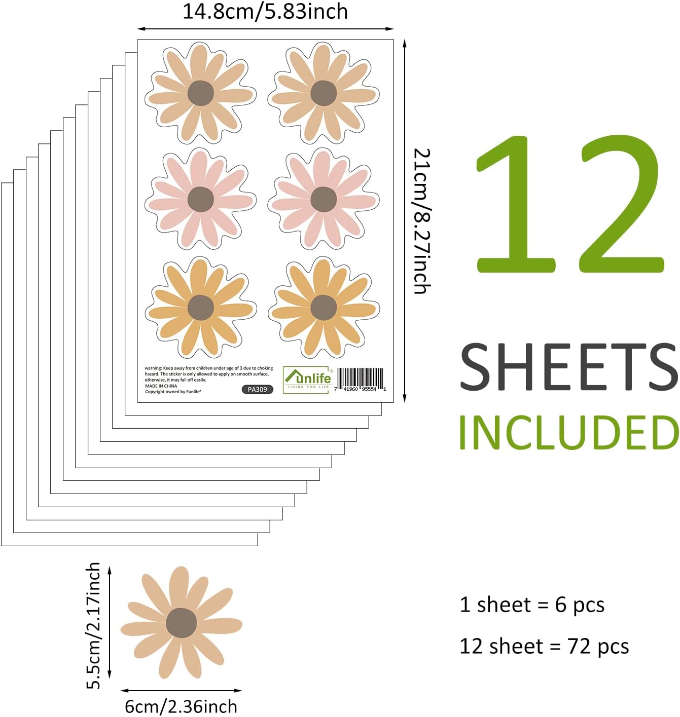 Removable Daisy Wall Decal Boho / Bobo Daisy A / 12 Sheets / Set of 72