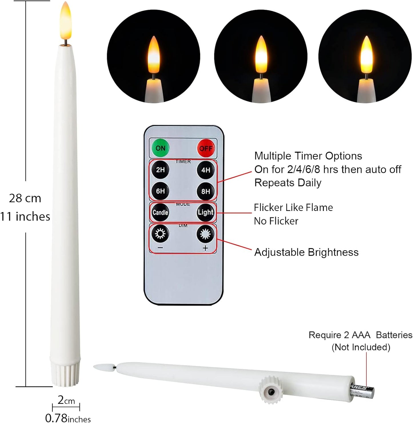 Homemory 11 inches Waxy Battery Operated Taper Candles with Remote Timer Dimmer, 6 Pcs Flameless Taper Candles with