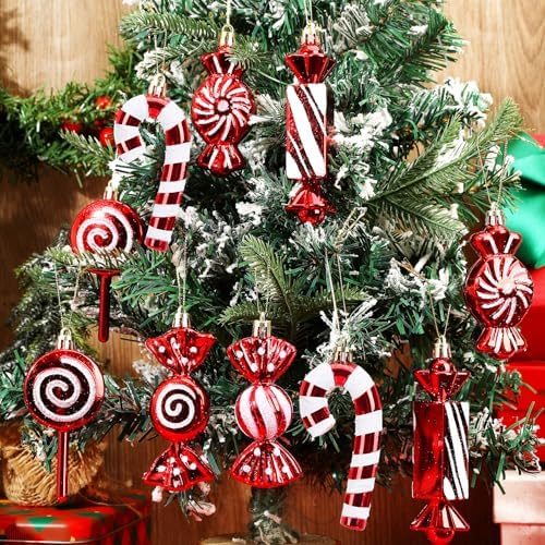 JULMELON 24Pcs Christmas Candy Cane Ornaments, Red White Glitter Hanging