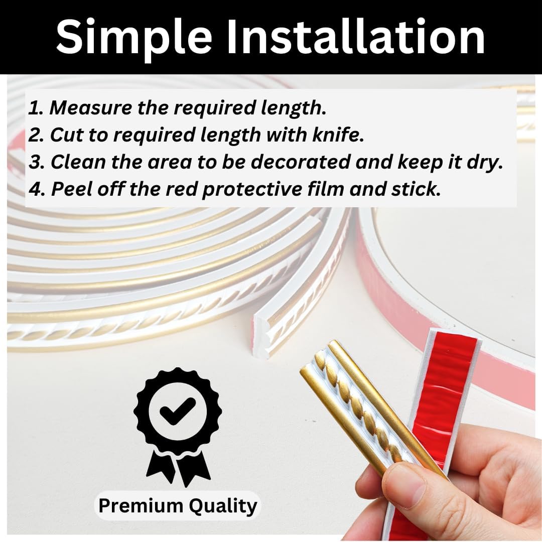 Peel and Stick Molding Trim Self Adhesive Flexible Wall Trim Crown Molding / White Gold / 0.8 x 120
